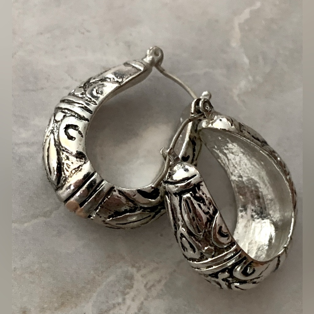 Silver Tone Ornate Western Stirrup Hoop Earrings